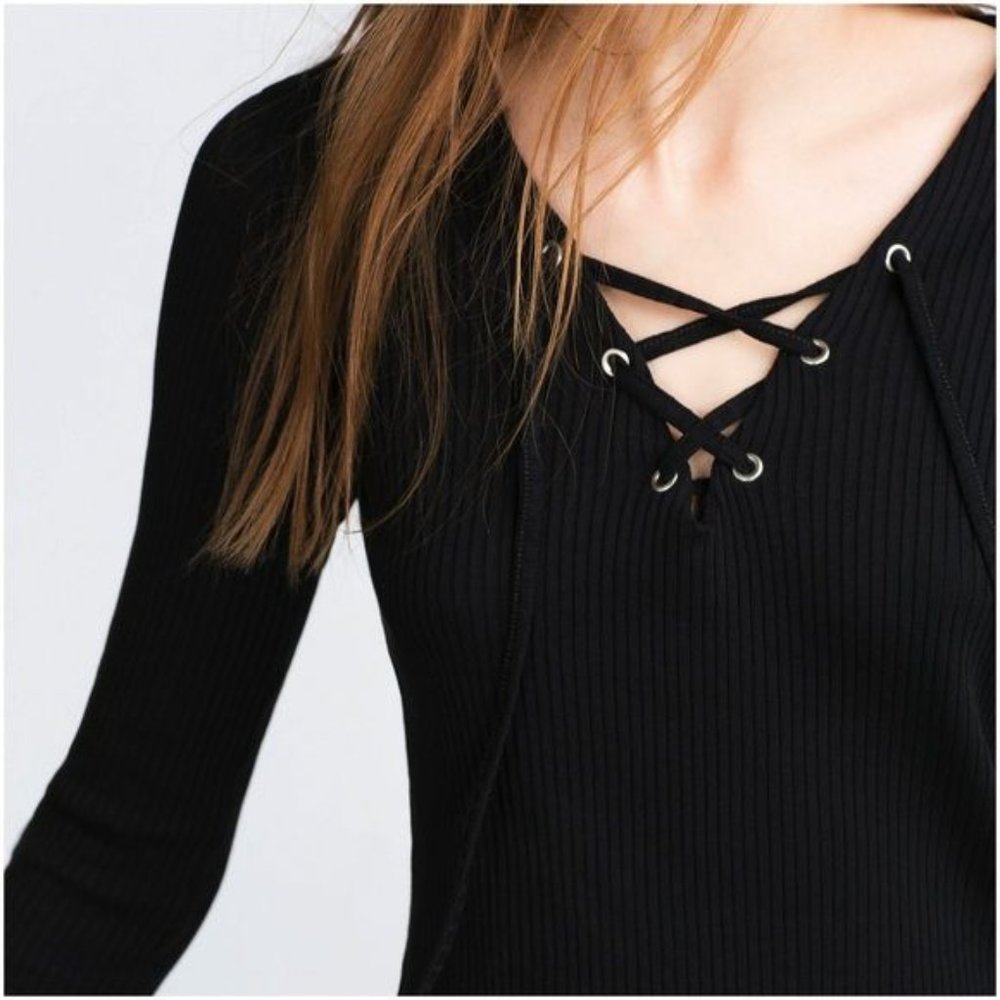 Zara Ribbed Lace Up Long Sleeved Shirt